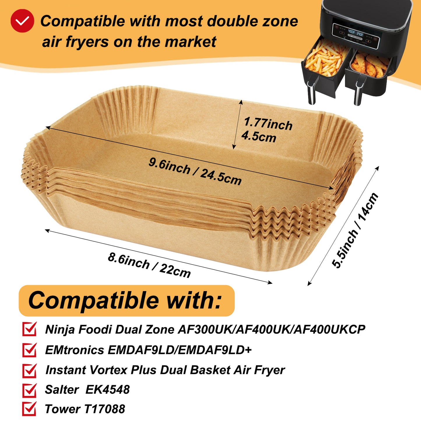 BYKITCHEN Air Fryer Liners for Ninja Dual, Air Fryer Accessories, Disposable Air Fryer Parchment Paper Liner, Compatible with Ninja AF300UK AF400UK, Salter and Other Dual Zone Air Fryer (50pcs)