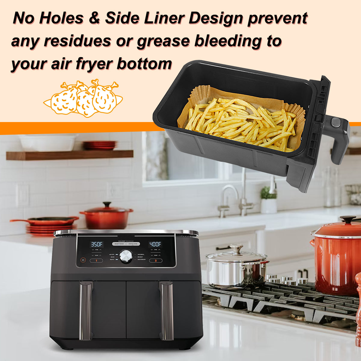 BYKITCHEN 200 PCS Air Fryer Liners for Tower 9L / Ninja Dual 9.5L/Instant Vortex/Salter, Air Fryer Accessories for AF300UK 7.6L/AF400UK/AF451UK/EMtronics/Devology & Other 2 Drawer Air Fryer