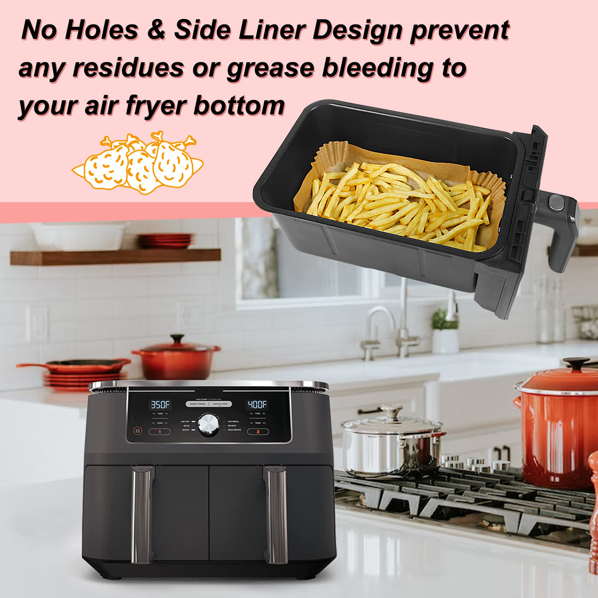 BYKITCHEN 150 PCS Air Fryer Liners for Ninja Dual, Air Fryer Accessories for AF300UK/AF400UK, Rectangle Parchment Paper for Ninja Foodi,Tower, Salter and Other 7.6L to 9.5L Dual Zone Air Fryer