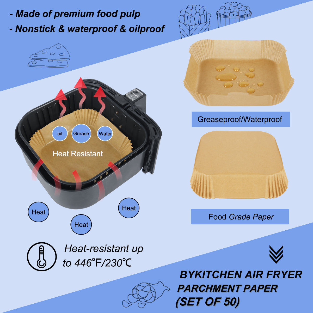 BYKITCHEN Air Fryer Paper Liners, 9 Inch Large Square Air Fryer Liners Disposable, Nonstick Air Fryer Parchment Paper Liners, Compatible with COSORI, Ninja, Tower (Unbleached, 50PCS)