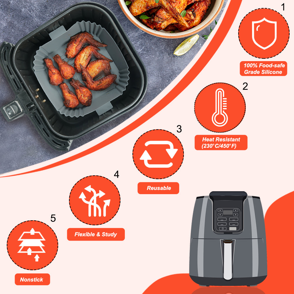 BYKITCHEN Air Fryer Liners Silicone, 3 Pack 8 Inch Square Air Fryer Liners for Ninja Air Fryer MAX PRO 6.2L, Air Fryer Accessories for COSORI 3.8L/4.7L/5.5L, Instant 3.8L, Tefal 4.2L/5L Air Fryer