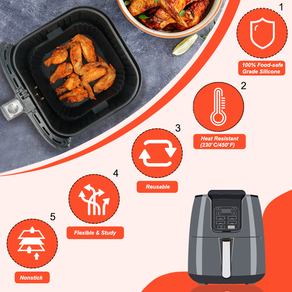 BYKITCHEN 3 Pack Air fryer Liners Silicone, Square Air Fryer Liners for Ninja MAX PRO 6.2L/Ninja Pro 4.7L, Air Fryer Accessories for COSORI 3.8L/4.7L/5.5L, Instant 3.8L, Tefal 4.2L/5L Airfryer (Black)