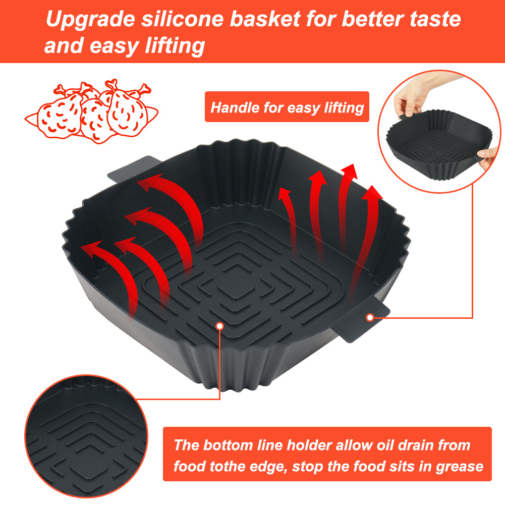 BYKITCHEN 3 Pack Air fryer Liners Silicone, Square Air Fryer Liners for Ninja MAX PRO 6.2L/Ninja Pro 4.7L, Air Fryer Accessories for COSORI 3.8L/4.7L/5.5L, Instant 3.8L, Tefal 4.2L/5L Airfryer (Black)