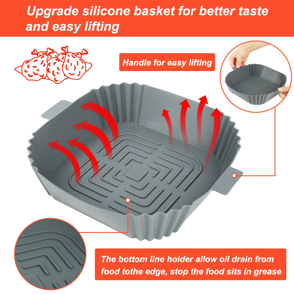 BYKITCHEN Air Fryer Liners Silicone, 3 Pack 8 Inch Square Air Fryer Liners for Ninja Air Fryer MAX PRO 6.2L, Air Fryer Accessories for COSORI 3.8L/4.7L/5.5L, Instant 3.8L, Tefal 4.2L/5L Air Fryer