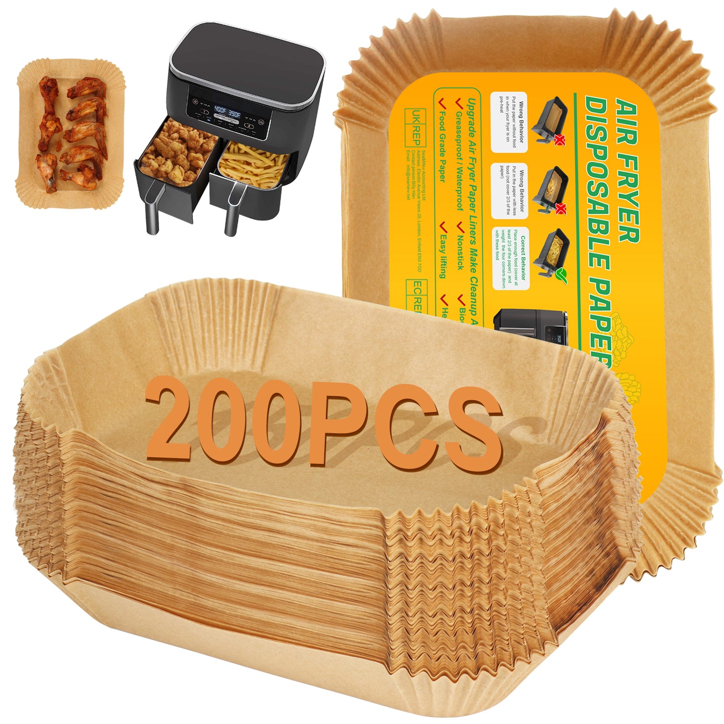 BYKITCHEN 200 PCS Air Fryer Liners for Tower 9L / Ninja Dual 9.5L/Instant Vortex/Salter, Air Fryer Accessories for AF300UK 7.6L/AF400UK/AF451UK/EMtronics/Devology & Other 2 Drawer Air Fryer