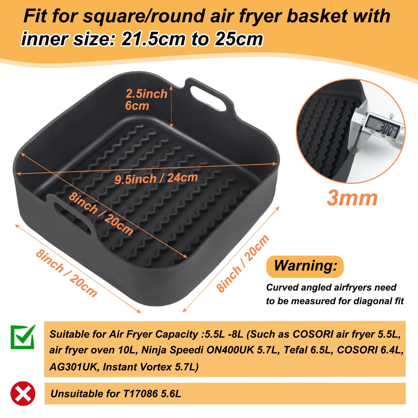 BYKITCHEN Air Fryer Liner Silicone, 8 Inch Thick Reusable Air Fryer Liner, Square Liner for Air Fryer Basket, Air Fryer Accessories for COSORI, Ninja Speedi, Instant vortex, Gourmia Air Fryer