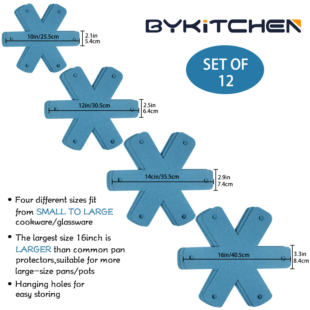 BYKITCHEN Pot Pan Protectors, Set of 12 and 4 Different Sizes, Larger & Thicker Cyan Pan Protector Pads, Pan Pot Separator Pads for Stacking and Protecting Your Cookware