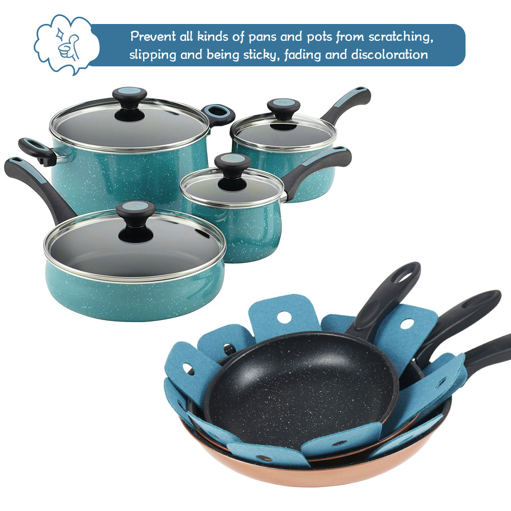 BYKITCHEN Pot Pan Protectors, Set of 12 and 4 Different Sizes, Larger & Thicker Cyan Pan Protector Pads, Pan Pot Separator Pads for Stacking and Protecting Your Cookware