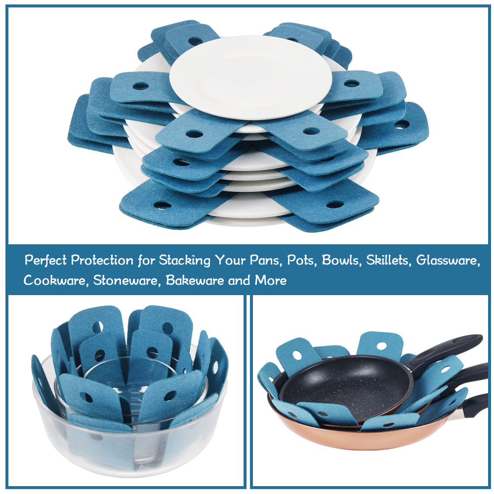 BYKITCHEN Pot Pan Protectors, Set of 12 and 4 Different Sizes, Larger & Thicker Cyan Pan Protector Pads, Pan Pot Separator Pads for Stacking and Protecting Your Cookware