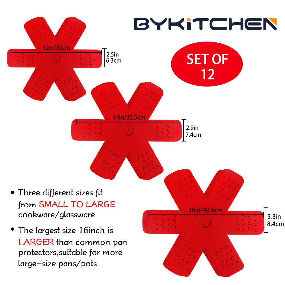 Pan Pot Protectors, Larger and Thicker Pan Separators with Moon and Star,Set of 12 & 3 Different Size, Red Pan Protectors for Stacking to Protect Pots and Pans in Kitchen Cupboard
