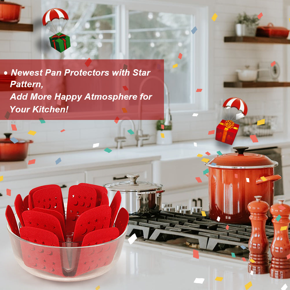 Pan Pot Protectors, Larger and Thicker Pan Separators with Moon and Star,Set of 12 & 3 Different Size, Red Pan Protectors for Stacking to Protect Pots and Pans in Kitchen Cupboard