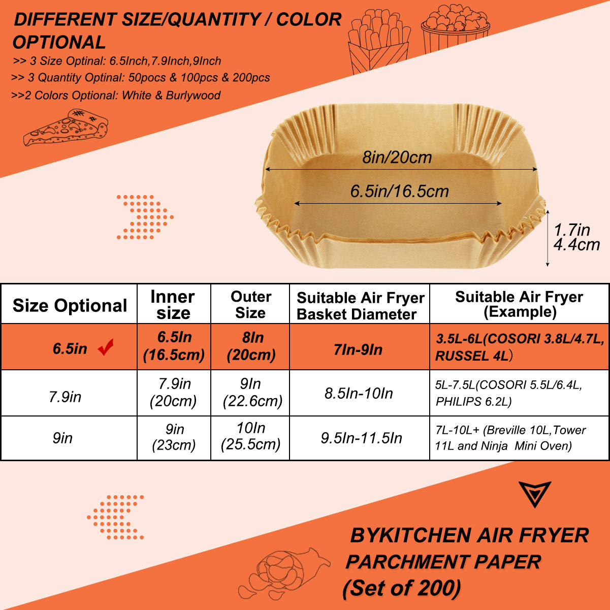 BYKITCHEN 200pcs Air Fryer Liner, Airfryer Accessories, 8 Inch Air Fryer Liners Disposable, Nonstick Parchment Paper for Air Fryer, Compatible with COSORI, Russell, Tefal, Tower (Inner 6.5Inch)