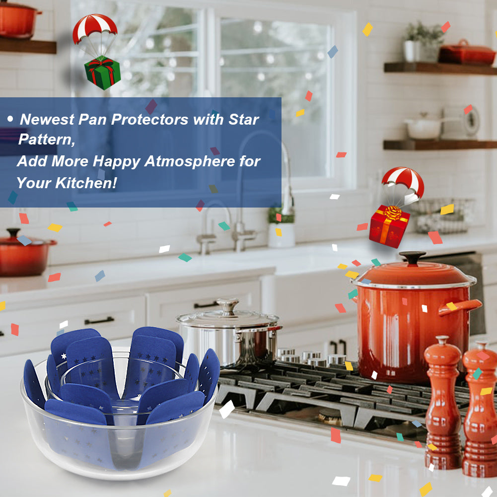 BYKITCHEN Pan Pot Protectors, Larger & Thicker Pan Protector with Stars, Set of 12 and 3 Different Sizes, Blue Pot Separator Pads for Stacking and Protecting Your Cookware