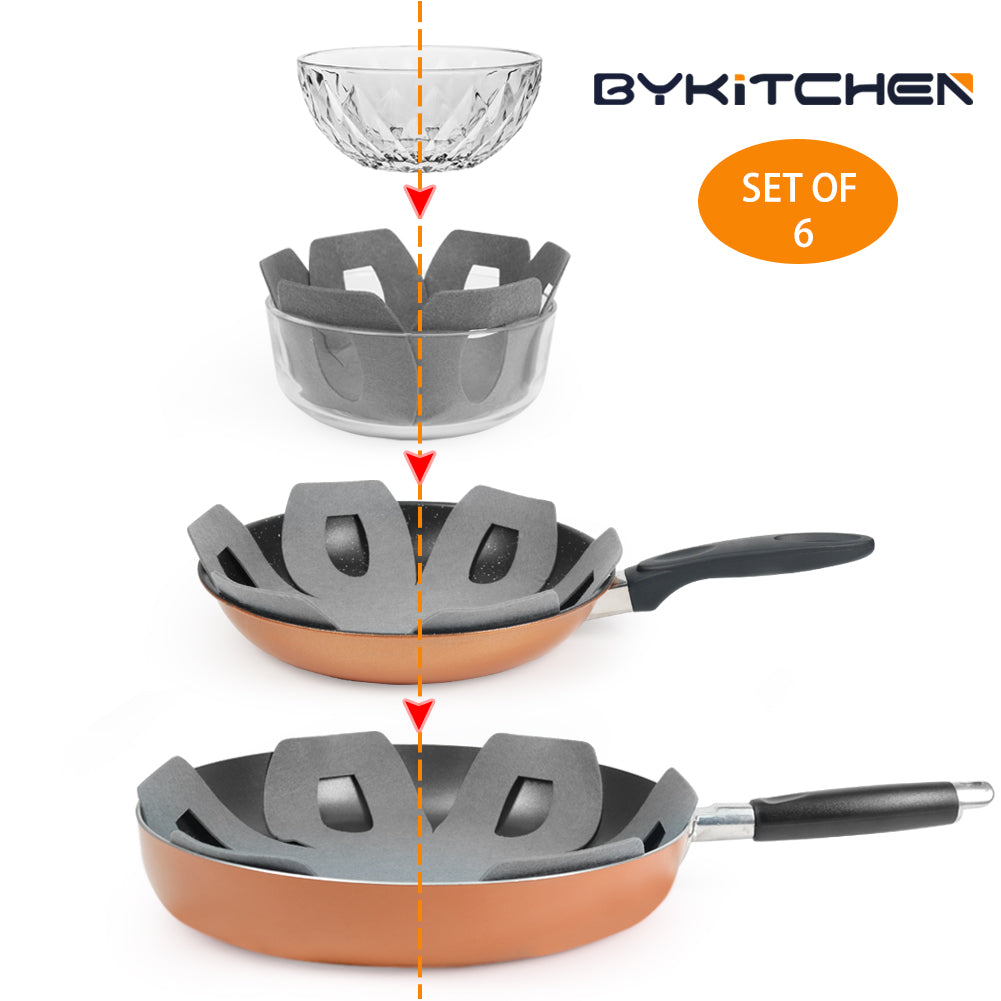 BYKITCHEN Pot and Pan Protectors, Set of 6 and 3 Different Sizes, Felt Pot Separators Protectors, Gray Pan Savers Dividers for Stacking and Protecting Your Cookware