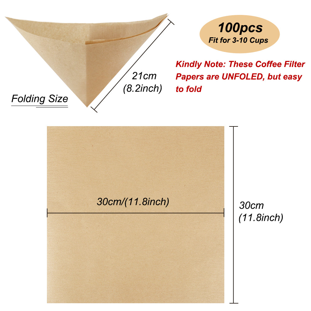 BYKITCHEN Pour Over Coffee Filter, Set of 100, Natural Unbleached Square Disposable Coffee Filter Papers for Pour Over Coffee Maker Drippers and More UNFOLDED(3-10 Cups)