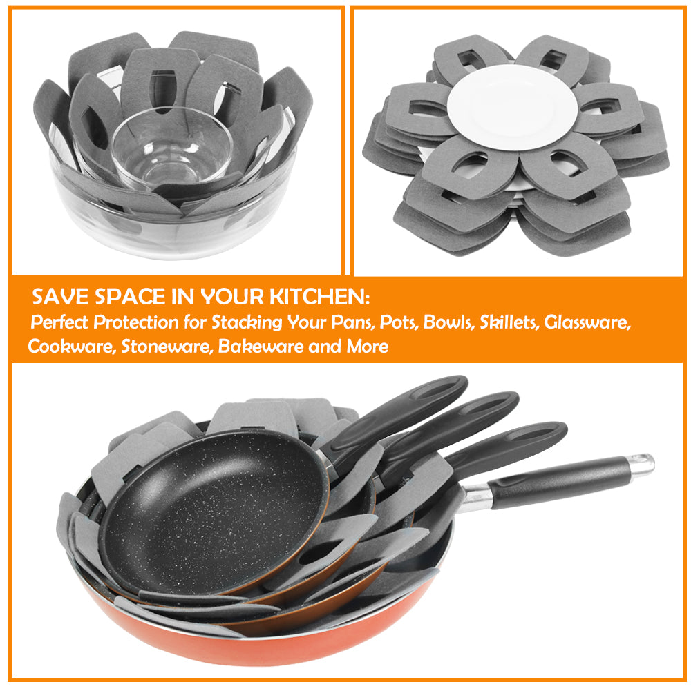 BYKITCHEN Pot and Pan Protectors, Set of 6 and 3 Different Sizes, Felt Pot Separators Protectors, Gray Pan Savers Dividers for Stacking and Protecting Your Cookware