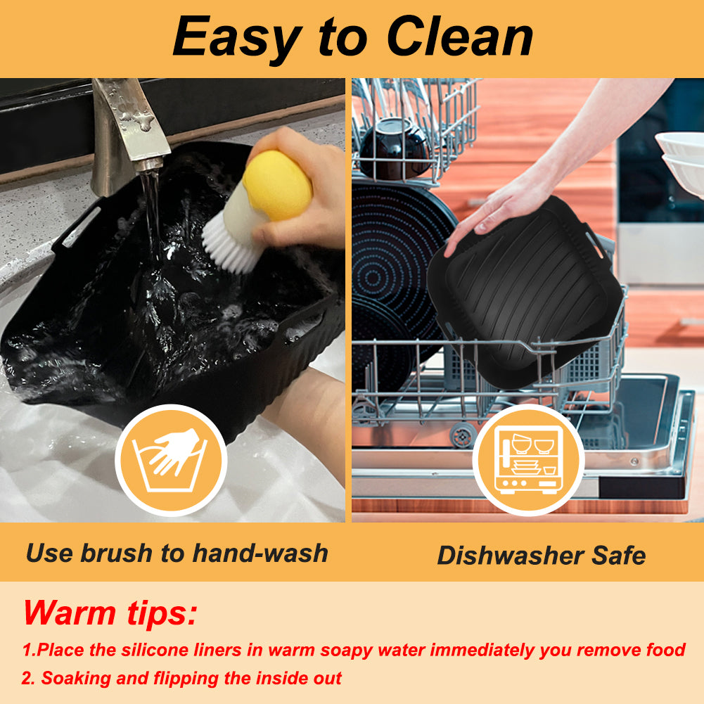 BYKITCHEN 9 Inch Square Silicone Air Fryer Liners for 6 to 8QT, Set of 2, Reusable Silicone Airfryer Tray Insert, Air Fryer Accessories for Corsori 6QT, Ninja Airfryer Pro XL 6.5QT, Gourmia & More