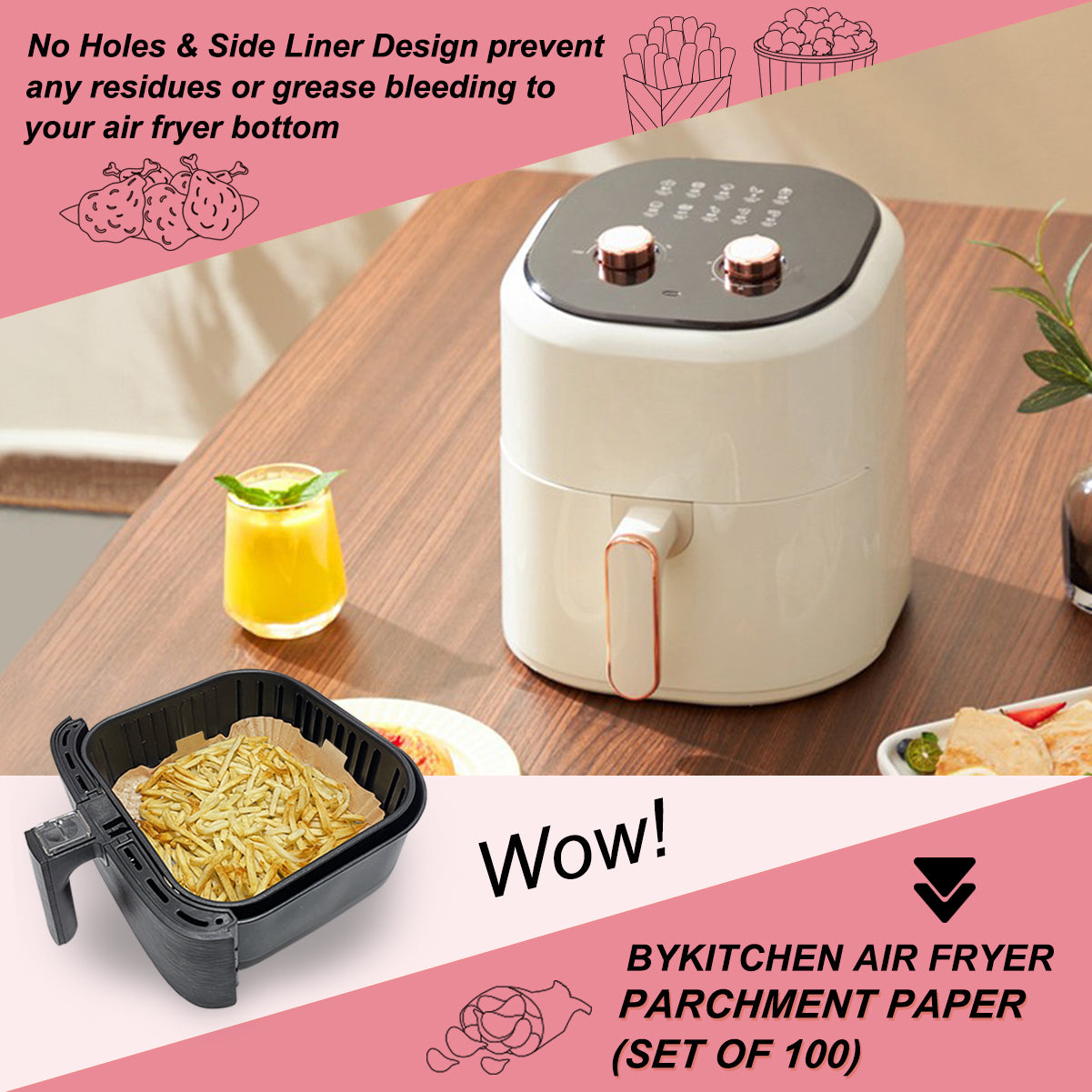 BYKITCHEN Air Fryer Liners Square, 100pcs 7.9 Inch Air Fryer Parchment Paper Liners Disposable, Large Greaseproof Paper for Air Fryer, Compatible with COSORI, Ninja, Tower Cosori (Unbleached)