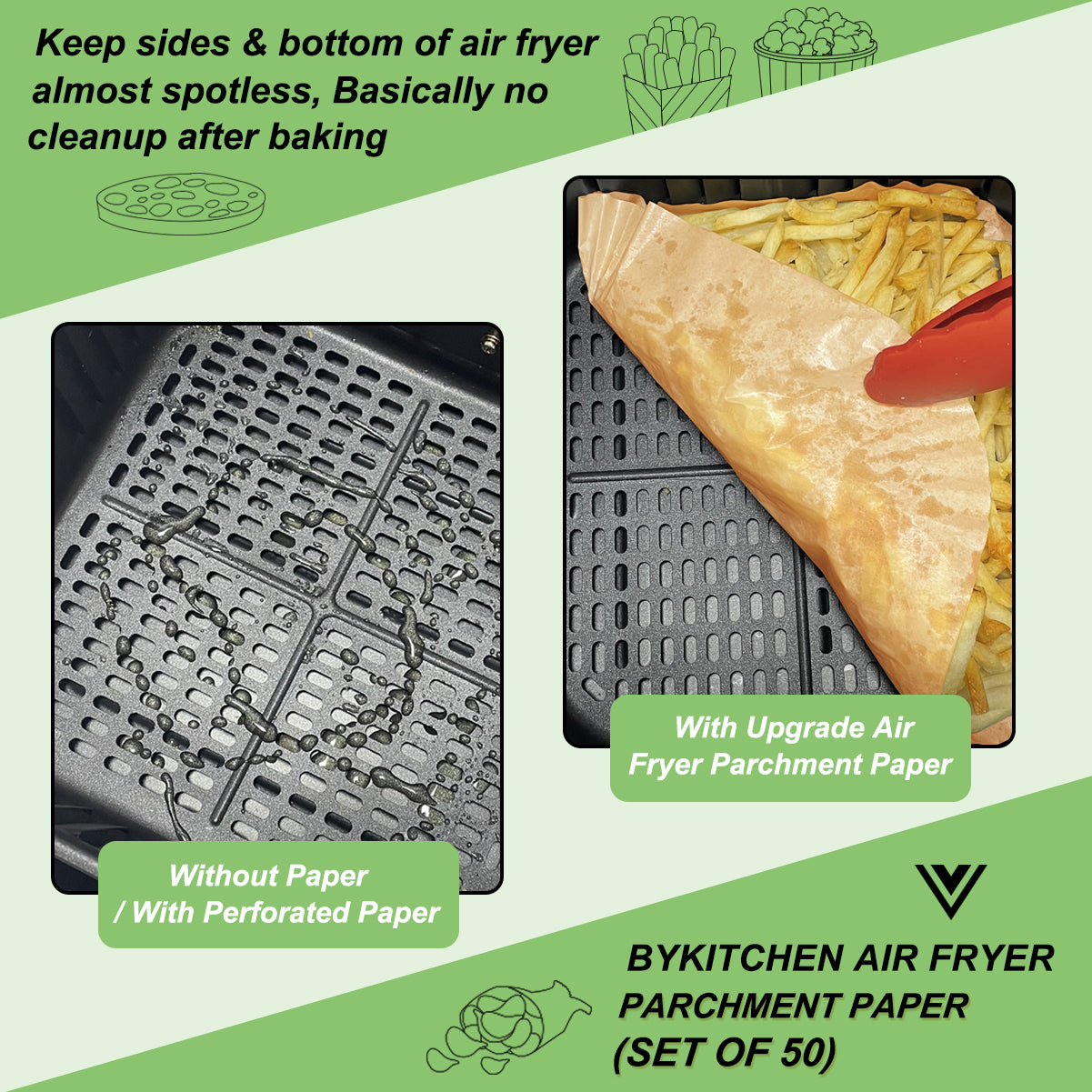 BYKITCHEN Air Fryer Liners Square, 7.9 Inch Large Air Fryer Disposable Liners, Greaseproof Parchment Paper for Air Fryer, Compatible with COSORI, Ninja, Tower Cosori (Unbleached, 50PCS