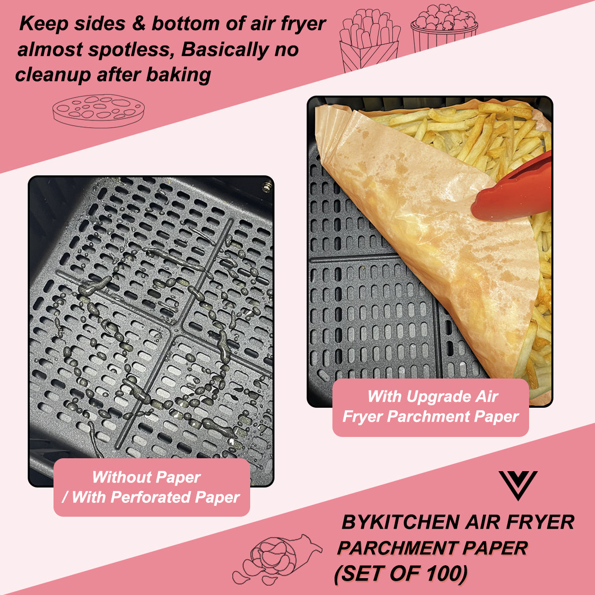 BYKITCHEN Air Fryer Liners Square, 100pcs 7.9 Inch Air Fryer Parchment Paper Liners Disposable, Large Greaseproof Paper for Air Fryer, Compatible with COSORI, Ninja, Tower Cosori (Unbleached)