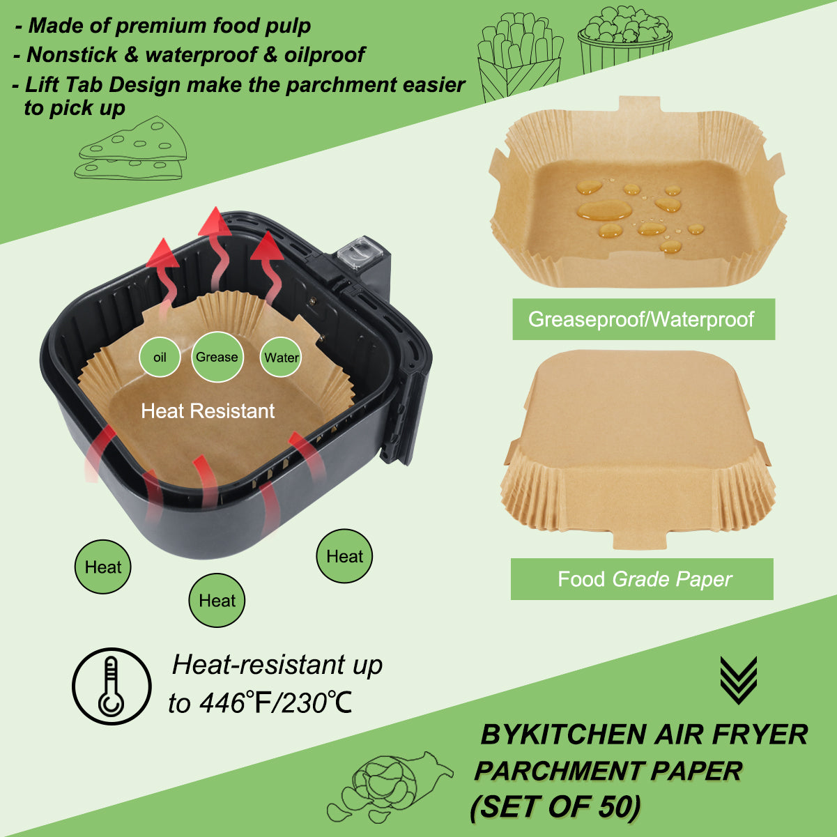 BYKITCHEN Air Fryer Liners Square, 7.9 Inch Large Air Fryer Disposable Liners, Greaseproof Parchment Paper for Air Fryer, Compatible with COSORI, Ninja, Tower Cosori (Unbleached, 50PCS