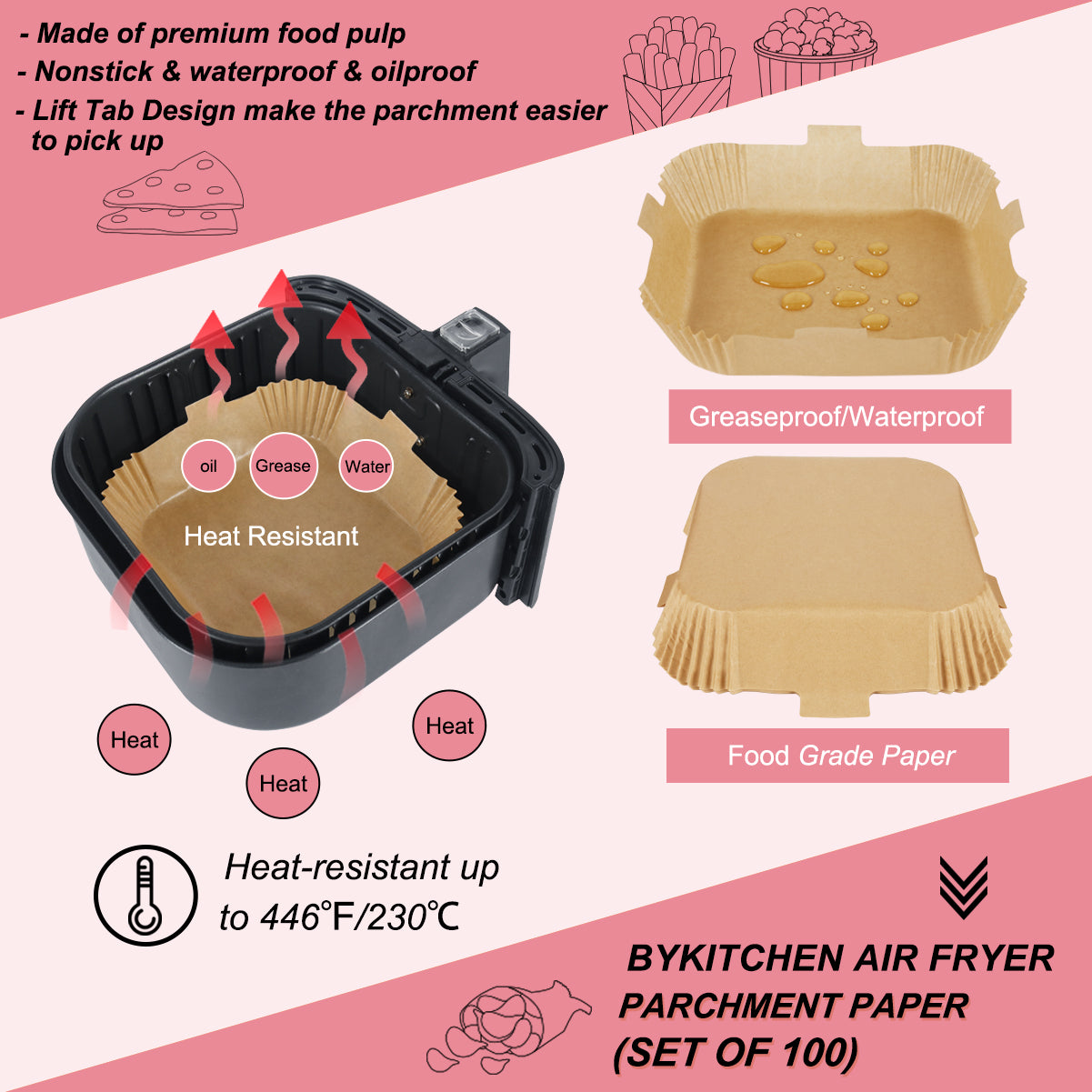 BYKITCHEN Air Fryer Liners Square, 100pcs 7.9 Inch Air Fryer Parchment Paper Liners Disposable, Large Greaseproof Paper for Air Fryer, Compatible with COSORI, Ninja, Tower Cosori (Unbleached)