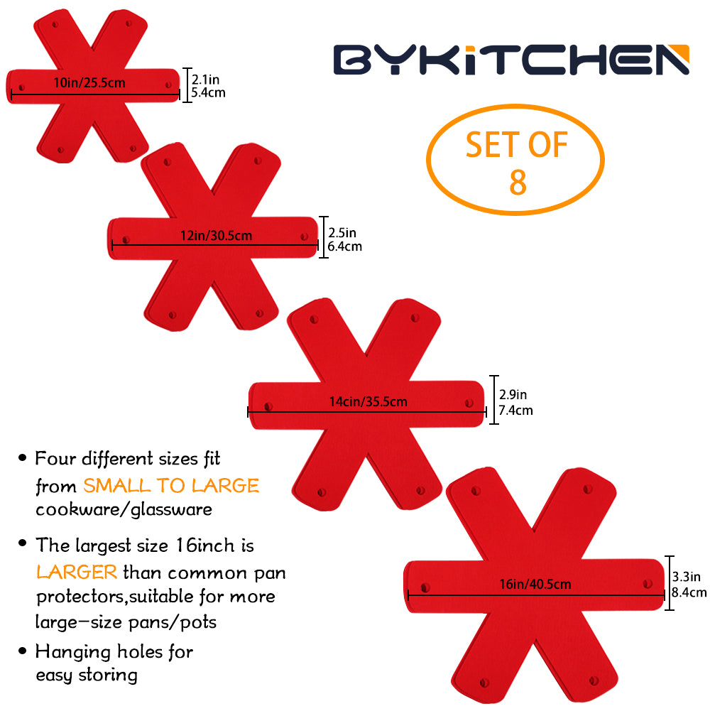 BYKITCHEN Pot Pan Protectors, Larger & Thicker Stacking Pot Protectors, Set of 8 and 4 Different Sizes, Pan Separator Pads for Stacking and Protecting Your Cookware(10/12/14/16inch)