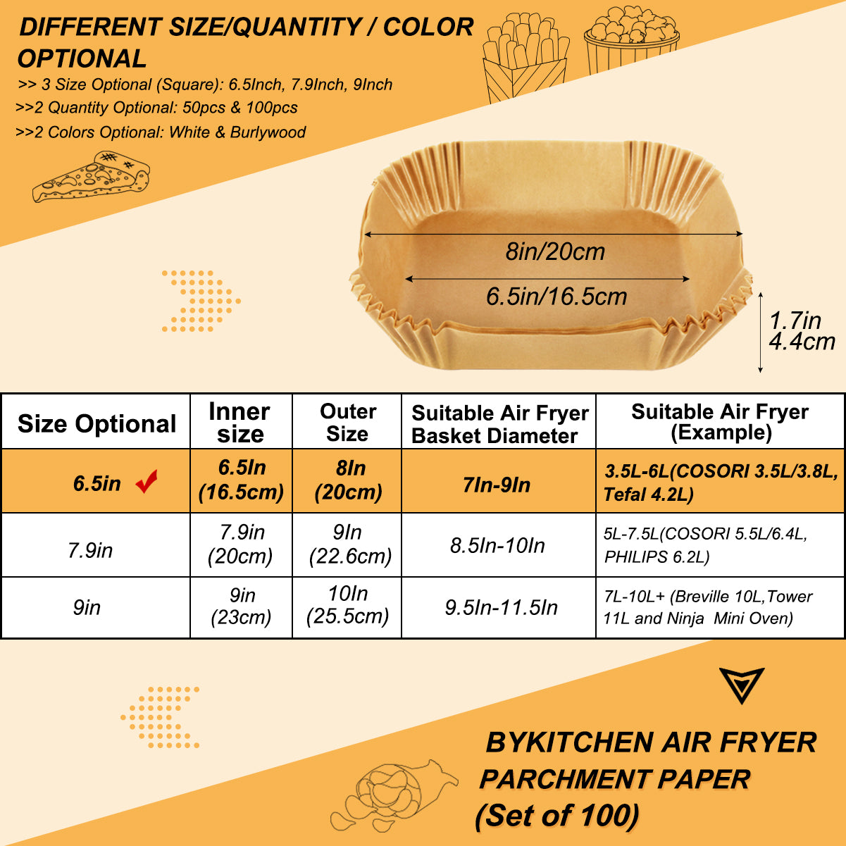 BYKITCHEN Air Fryer Paper Liner, 100 pcs Air Fryer Liners Square, Disposable Liners for Air Fryer Baskets, Air Fryer Accessories for COSORI, Ninja, Tower, Salter (Unbleached)