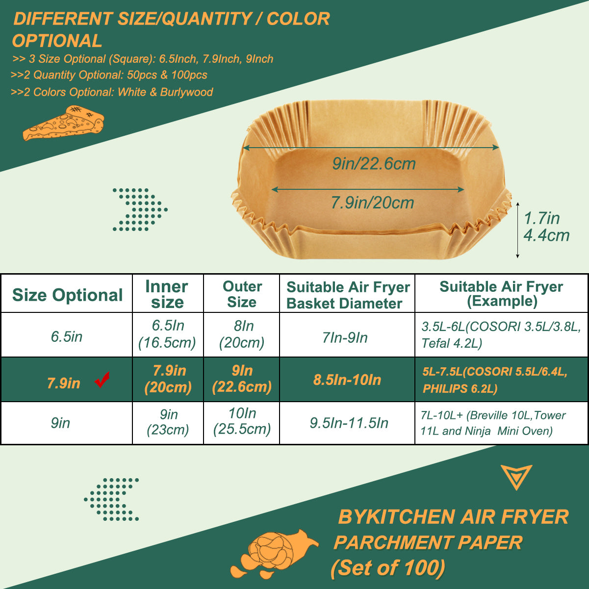 BYKITCHEN 100pcs Air Fryer Paper, 7.9 Inch Large Air Fryer Liner Disposable, Airfryer Accessories, Parchment Paper for Air Fryer, Compatible with COSORI, Ninja Speedi 5.7L, Tower, Salter