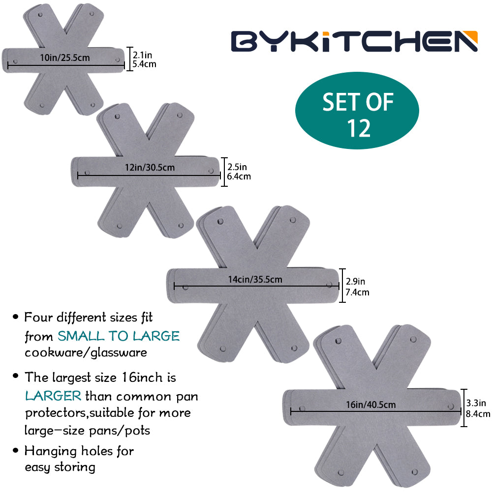 BYKITCHEN Pan Pot Protectors, Set of 12 and 4 Different Sizes, Larger & Thicker Gray Pan Separator Pads, Pan Protectors for Stacking and Protecting Your Cookware
