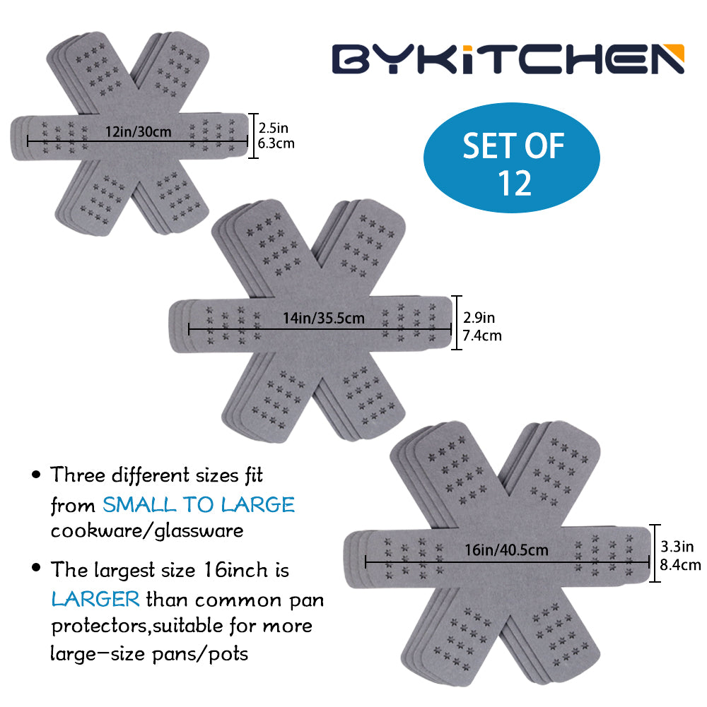 Pan Protectors, Larger & Thicker Gray Pan Protectors With Stars, Set of 12 and 3 Different Sizes,Pot Separators for Stacking Cookware in Kitchen Cupboard