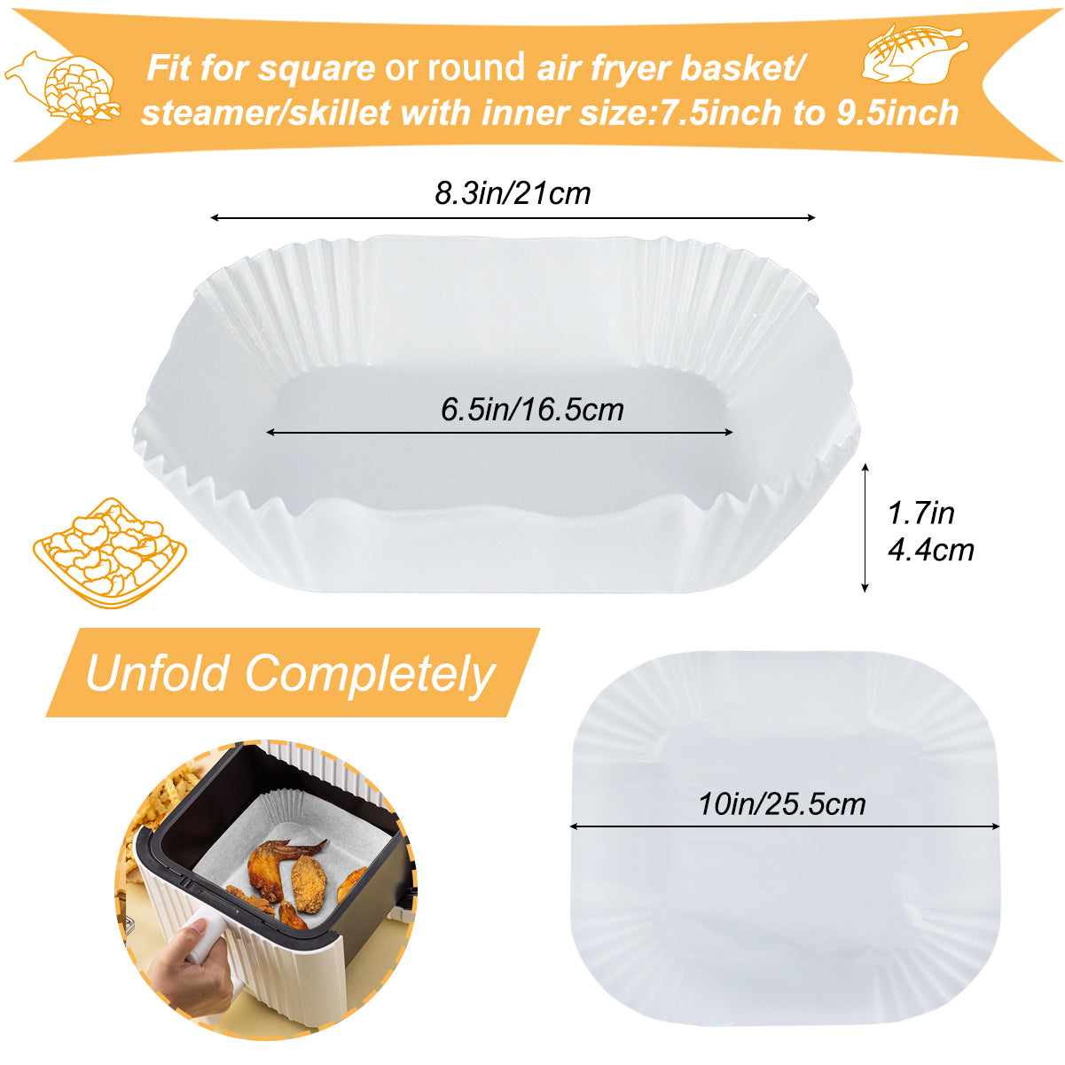 BYKITCHEN Air Fryer Disposable Liners, 50PCS Square Air Fryer Paper Liners, 6.5 inch Inner & 8.3 inch Diameter, Greaseproof Paper for Air Fryer, Compatible with COSORI, Ninja, Tower and More (White)