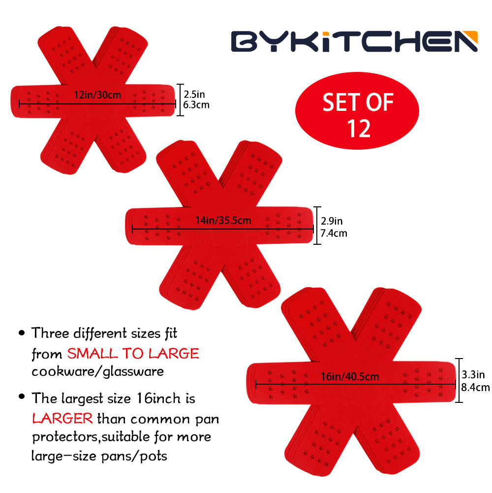 Pan Protectors for Stacking, Larger Pan Separators with Star,Set of 12 & 3 Different Size, Red Pan Protectors to Protect Pots and Pans in Kitchen Cupboard
