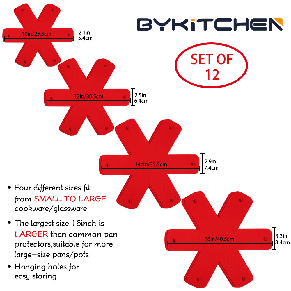 BYKITCHEN Pot Pan Protectors, Set of 12 and 4 Different Sizes, Larger & Thicker Red Pan Protector Pads, Pan Pot Separator Pads for Stacking and Protecting Your Cookware(10/12/14/16inch)