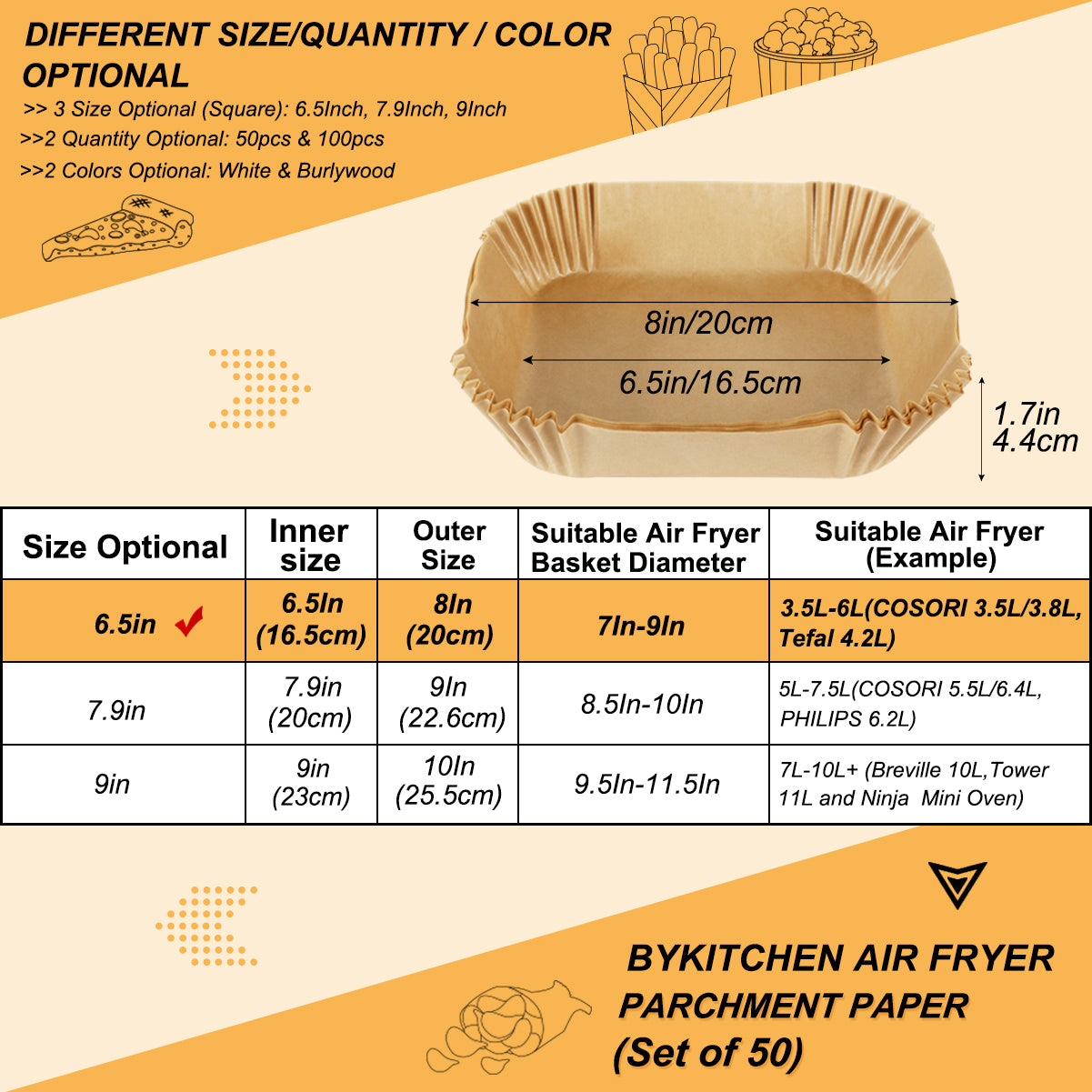 BYKITCHEN Air Fryer Parchment Paper Liner, 50PCS Square Air Fryer Liners Disposable, Greaseproof Paper for Air Fryer, Compatible with COSORI, Ninja, Tower Cosori (Unbleached)