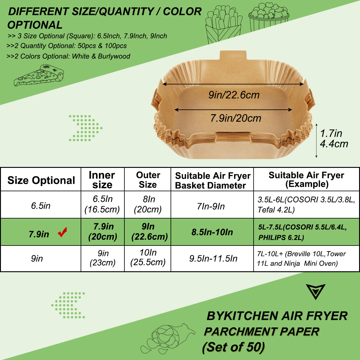 BYKITCHEN Air Fryer Liners Square, 7.9 Inch Large Air Fryer Disposable Liners, Greaseproof Parchment Paper for Air Fryer, Compatible with COSORI, Ninja, Tower Cosori (Unbleached, 50PCS