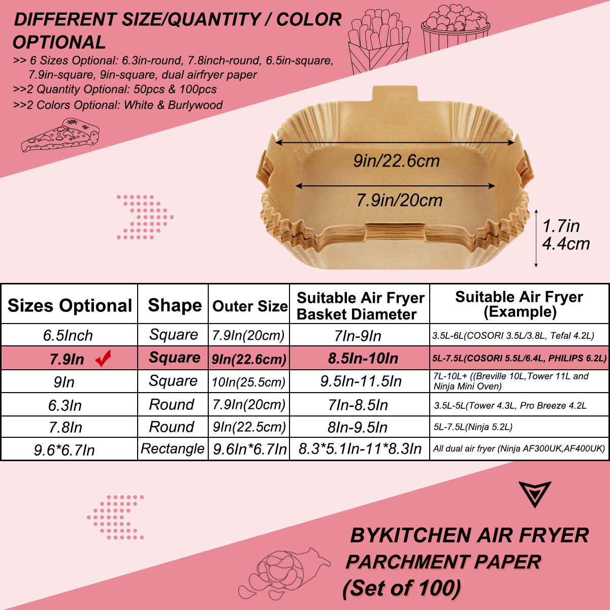 BYKITCHEN Air Fryer Liners Square, 100pcs 7.9 Inch Air Fryer Parchment Paper Liners Disposable, Large Greaseproof Paper for Air Fryer, Compatible with COSORI, Ninja, Tower Cosori (Unbleached)