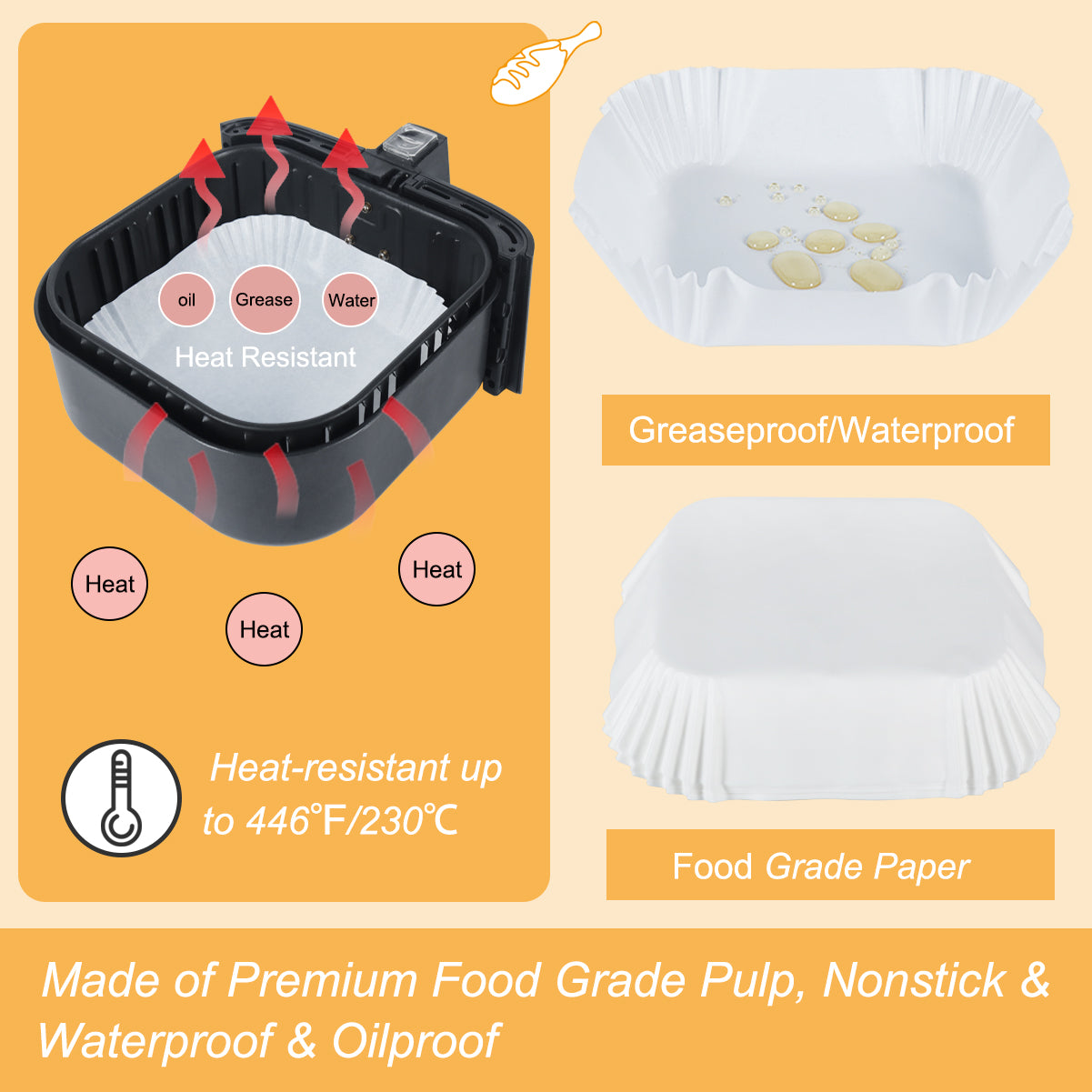 BYKITCHEN Air Fryer Disposable Liners, 50PCS Square Air Fryer Paper Liners, 6.5 inch Inner & 8.3 inch Diameter, Greaseproof Paper for Air Fryer, Compatible with COSORI, Ninja, Tower and More (White)