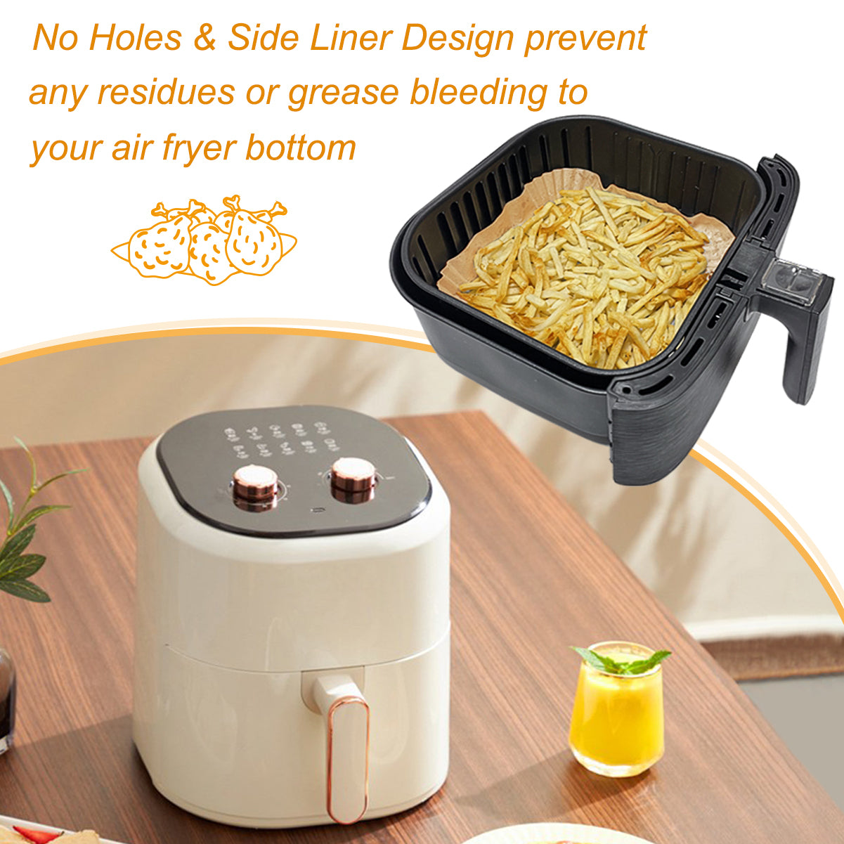 BYKITCHEN Air Fryer Parchment Paper Liner, 50PCS Square Air Fryer Liners Disposable, Greaseproof Paper for Air Fryer, Compatible with COSORI, Ninja, Tower Cosori (Unbleached)