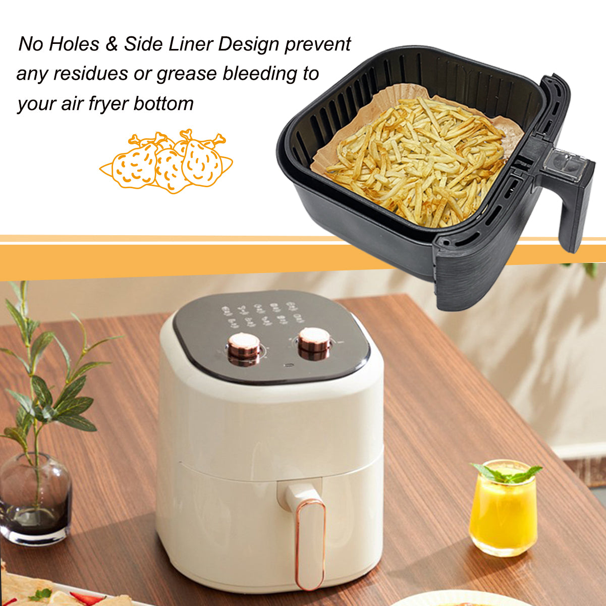 BYKITCHEN Air Fryer Paper Liner, 100 pcs Air Fryer Liners Square, Disposable Liners for Air Fryer Baskets, Air Fryer Accessories for COSORI, Ninja, Tower, Salter (Unbleached)