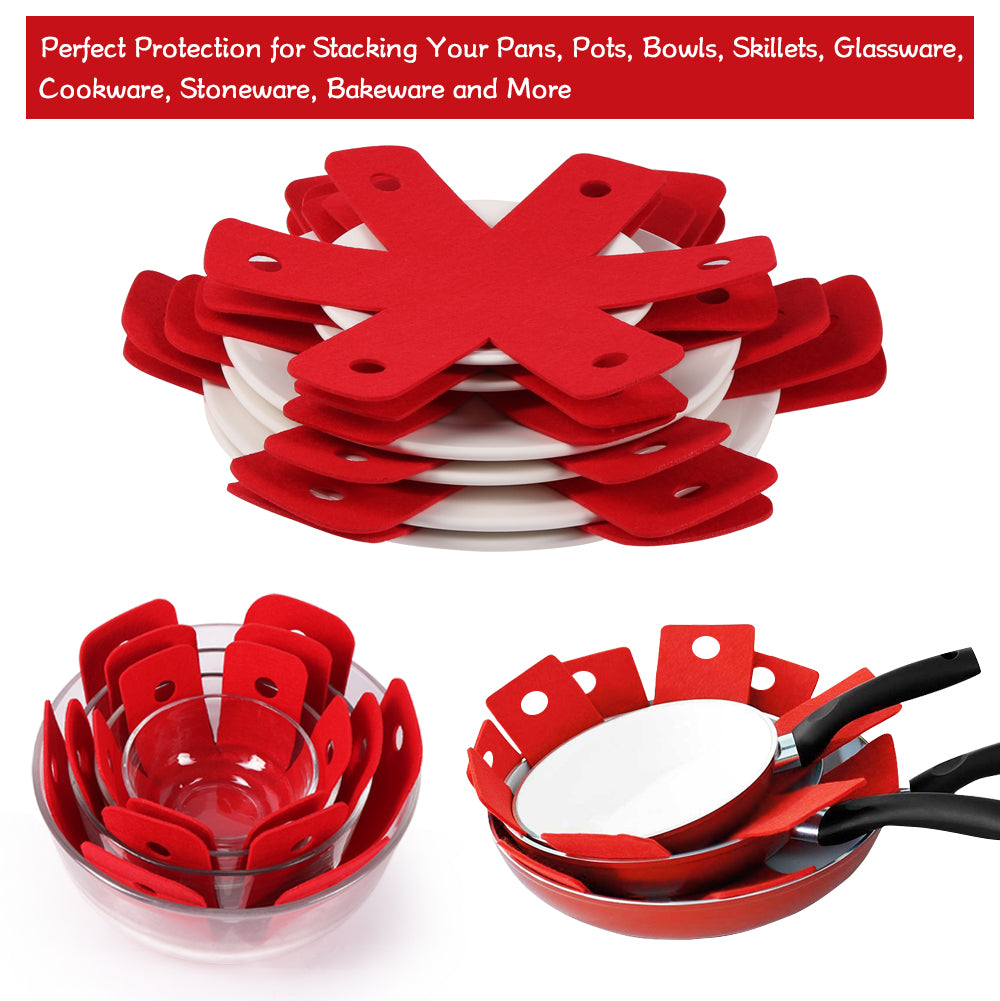 BYKITCHEN Pot Pan Protectors, Set of 12 and 4 Different Sizes, Larger & Thicker Red Pan Protector Pads, Pan Pot Separator Pads for Stacking and Protecting Your Cookware(10/12/14/16inch)