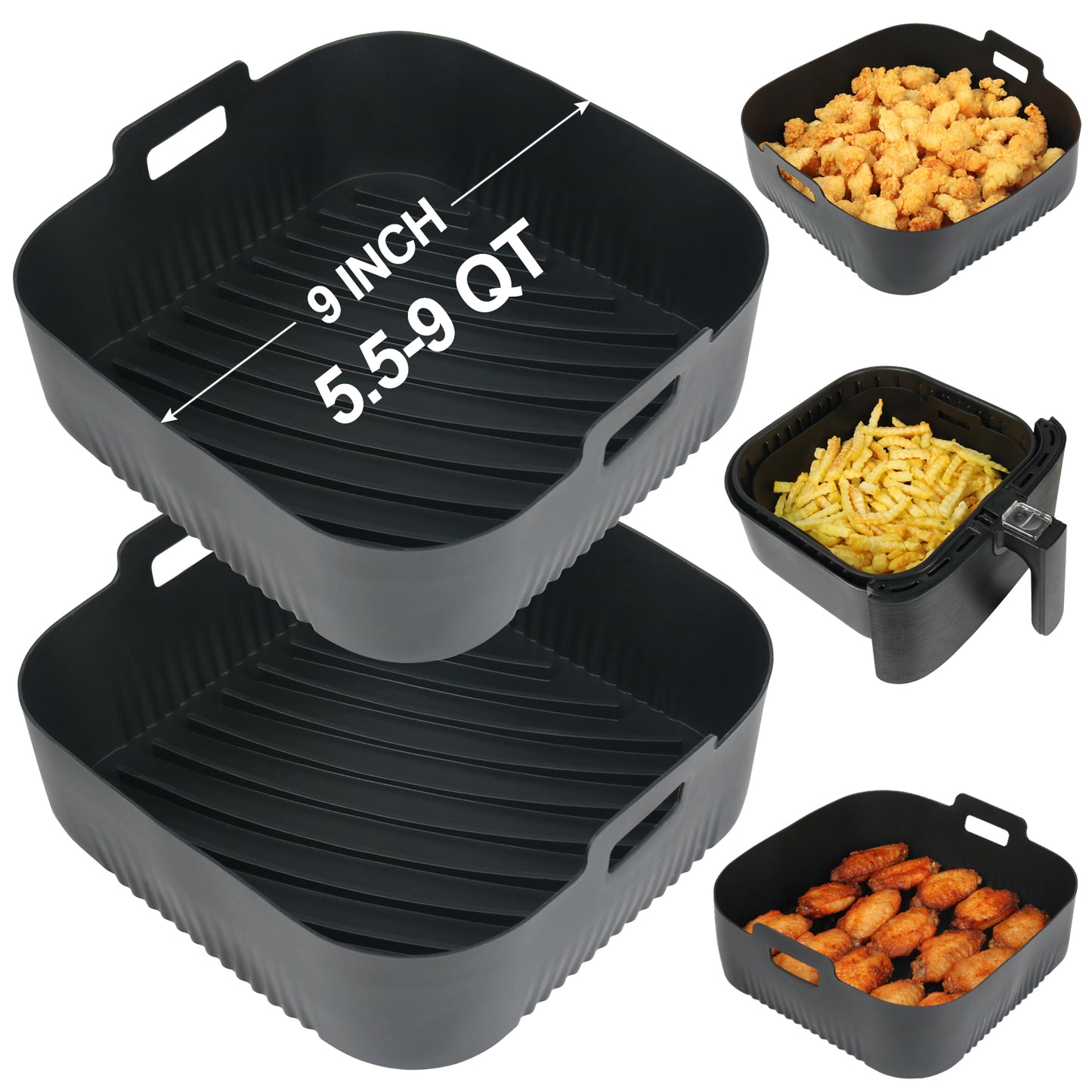BYKITCHEN 9 Inch Square Silicone Air Fryer Liners for 6 to 8QT, Set of 2, Reusable Silicone Airfryer Tray Insert, Air Fryer Accessories for Corsori 6QT, Ninja Airfryer Pro XL 6.5QT, Gourmia & More