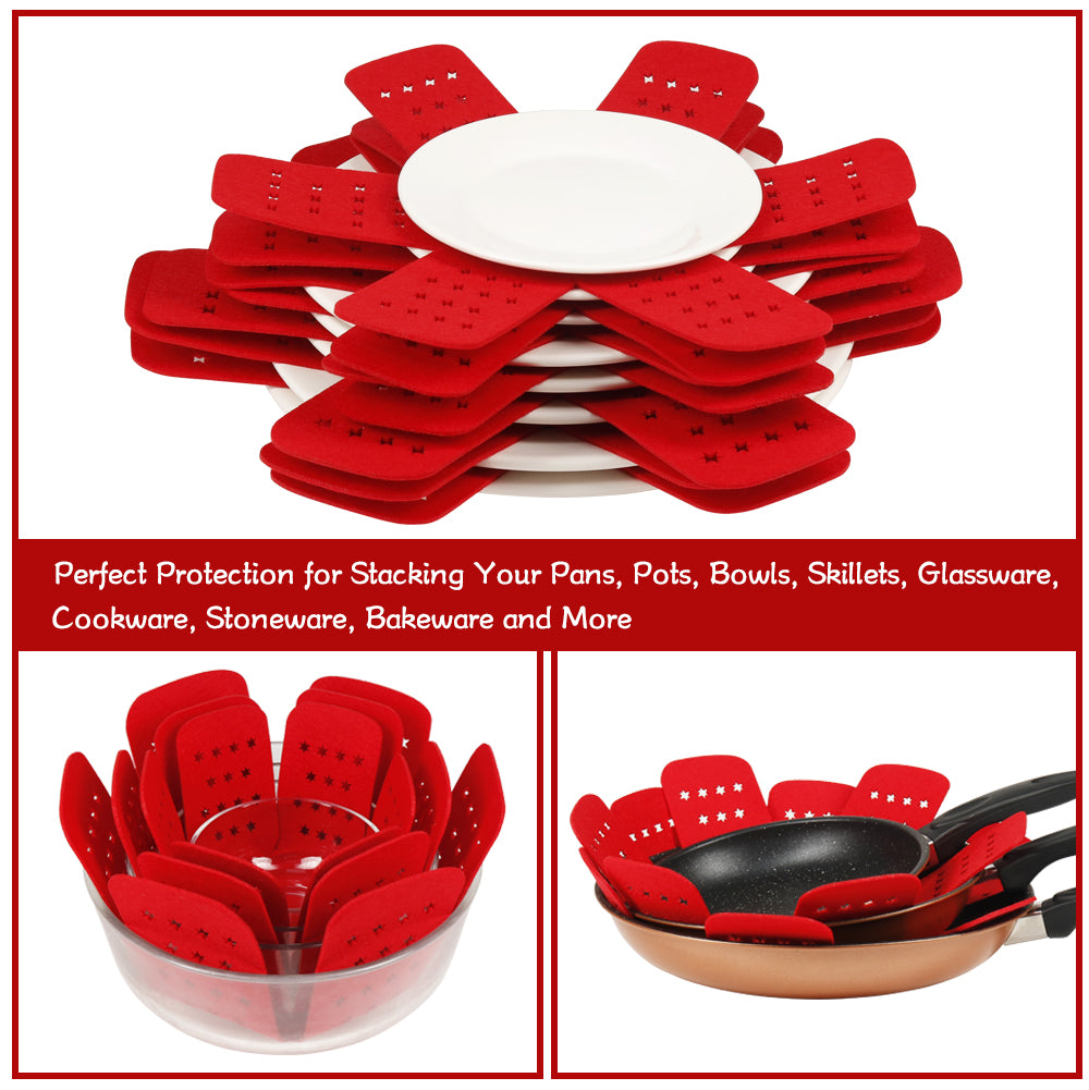 Pan Protectors for Stacking, Larger Pan Separators with Star,Set of 12 & 3 Different Size, Red Pan Protectors to Protect Pots and Pans in Kitchen Cupboard