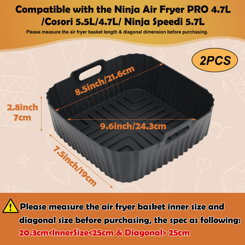 BYKITCHEN Silicone Air fryer Liner for Ninja Airfryer PRO 4.7L/Cosori 5.5L, 2PCS Airfryer Silicone Liners Square, Air Fryer Accessories for COSORI,Ninja Speedi 5.7L Air Fryer (Black)