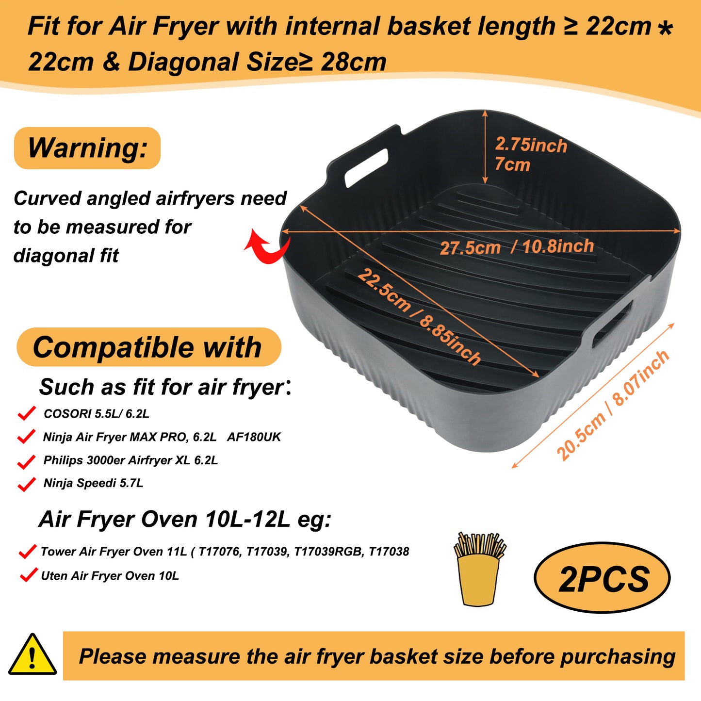 BYKITCHEN 9 Inch Square Silicone Air Fryer Liners for 6 to 8QT, Set of 2, Reusable Silicone Airfryer Tray Insert, Air Fryer Accessories for Corsori 6QT, Ninja Airfryer Pro XL 6.5QT, Gourmia & More