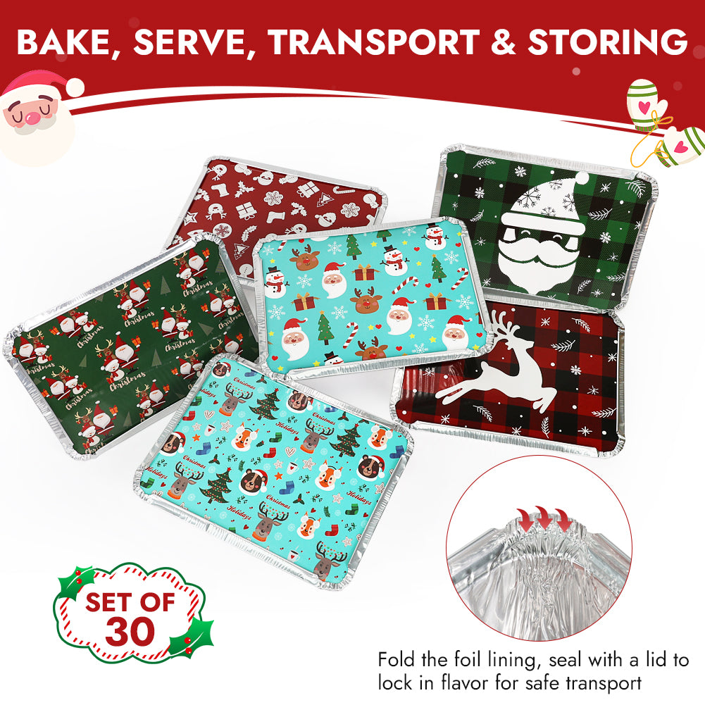 BYKITCHEN 30PCS Foil Trays with Lids for Christmas, 21x16x5cm Foil Food Containers with Lids, Tin Foil Trays, Disposable Foil Food Trays, Christmas Accessories for Baking/Roasting & Holiday Gifting