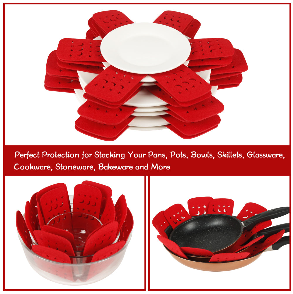 Pan Pot Protectors, Larger and Thicker Pan Separators with Moon and Star,Set of 12 & 3 Different Size, Red Pan Protectors for Stacking to Protect Pots and Pans in Kitchen Cupboard