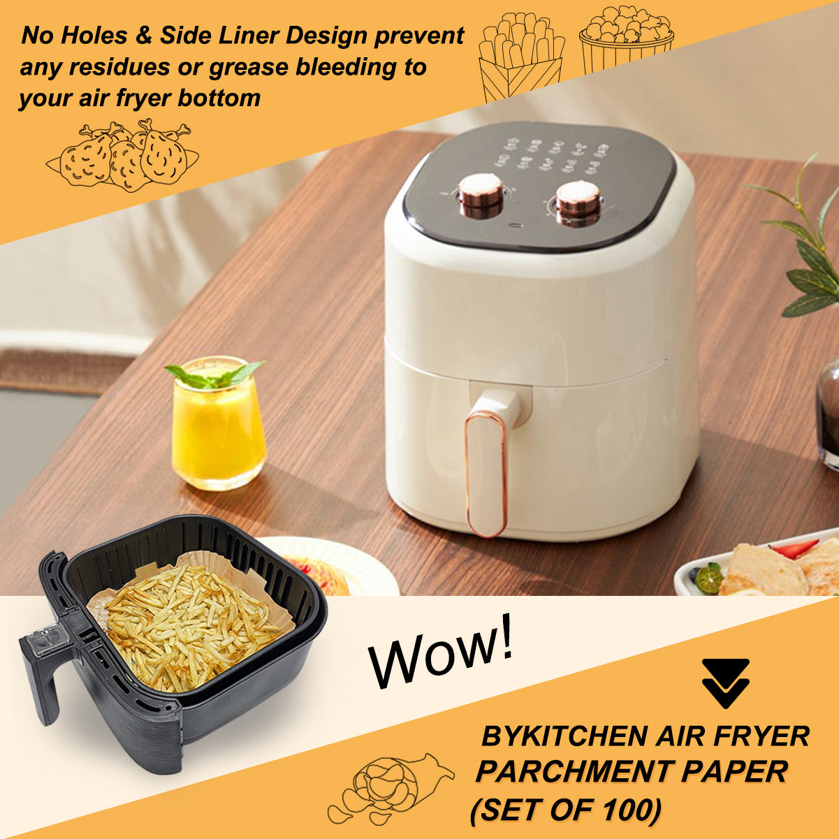 BYKITCHEN 100pcs Air Fryer Parchment Paper Liner, Square Air Fryer Liners Disposable, Greaseproof Paper for Air Fryer, Compatible with COSORI, Ninja, Tower (Unbleached)