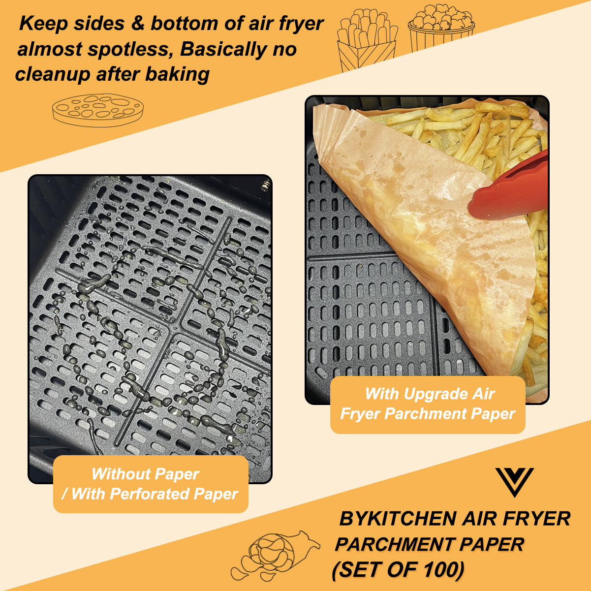 BYKITCHEN 100pcs Air Fryer Parchment Paper Liner, Square Air Fryer Liners Disposable, Greaseproof Paper for Air Fryer, Compatible with COSORI, Ninja, Tower (Unbleached)