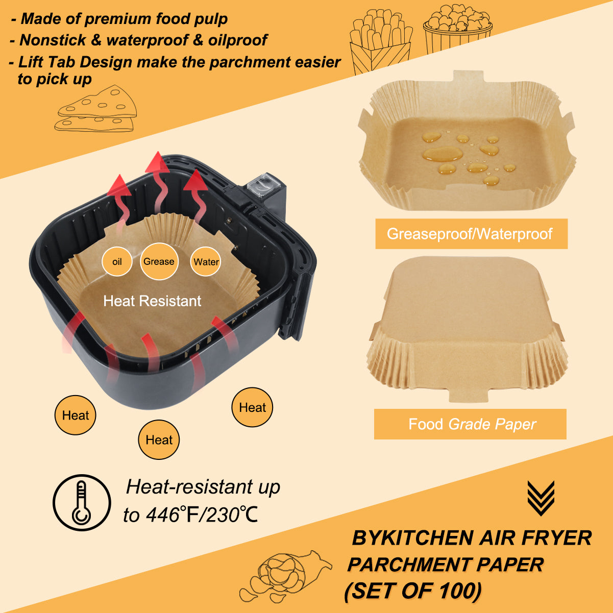 BYKITCHEN 100pcs Air Fryer Parchment Paper Liner, Square Air Fryer Liners Disposable, Greaseproof Paper for Air Fryer, Compatible with COSORI, Ninja, Tower (Unbleached)